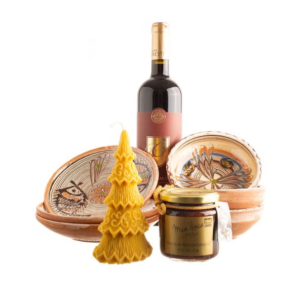 Coș cadou set ceramică de Horezu vin și dulceață  "MASĂ DE CRĂCIUN"