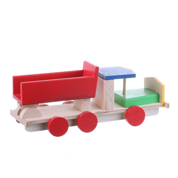 Jucarie din lemn colorata camion cu remorca