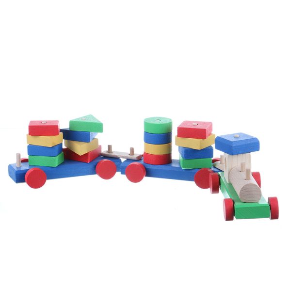 Jucarie din lemn colorat trenulet cu 3 vagoane si piese geometrice
