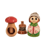 Pachet cadou de Craciun cu spargator de nuci ciuperca, clopotel din ceramica Corund si papusa ceramica fetita/baiat