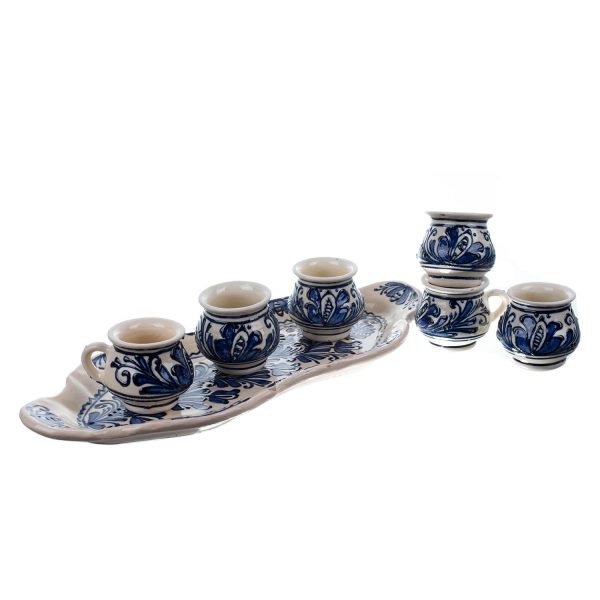 Set tuica/visinata ceramica de Corund cu tava si 6 canute - albastru