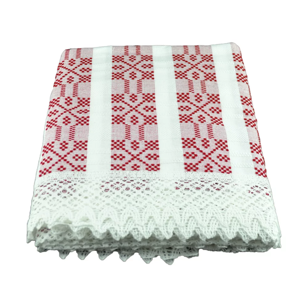 Fata de masa alba cu model rosu si dantela 150x100 cm