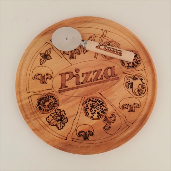 Platou din lemn si cutit pentru pizza, diametru 30 cm
