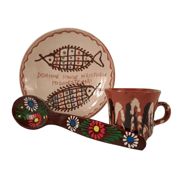 Pachet ceramica de Horezu, ceasca smaltuita diverse culori si lingura din lemn