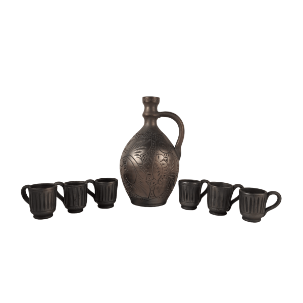 Set tuica/visinata cu ulcior si sase canute din ceramica traditionala de Marginea