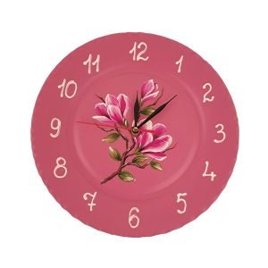 Ceas din ceramica de Corund pictat manual cu magnolii, roz, diametru 25 cm
