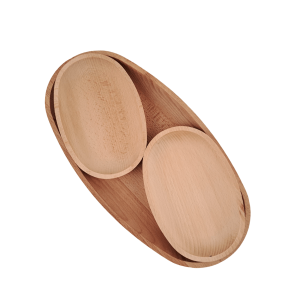 Set platou oval si doua farfurii ovale din lemn