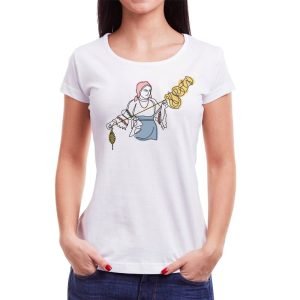 Tricou femei furca de tors Învie Tradiția alb/negru