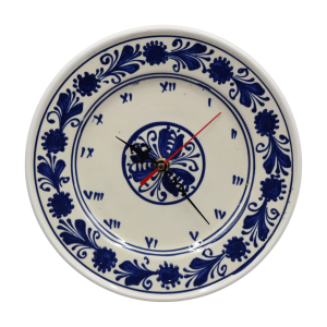 Ceas din ceramica albastra de Corund pictat manual cu motiv traditional, diametru 25 cm - modele unicat