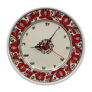 Ceas din ceramica rosie de Corund pictat manual cu motiv traditional, diametru 25 cm - modele unicat