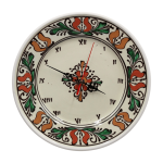 Ceas din ceramica colorata de Corund pictat manual cu motiv traditional, diametru 25 cm - modele unicat Ceas din ceramica colorata de Corund pictat manual cu motiv traditional, diametru 25 cm - modele unicat