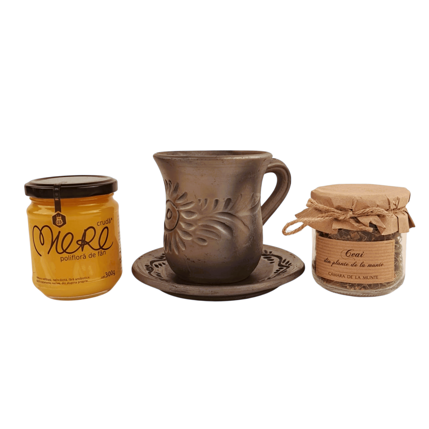 Set pentru ceai cu cana si farfuriuta din ceramica de Marginea, miere si ceai din plante de la munte (cod CAD1426) Set pentru ceai cu cana si farfuriuta din ceramica de Marginea, miere si ceai din plante de la munte (cod CAD1426)