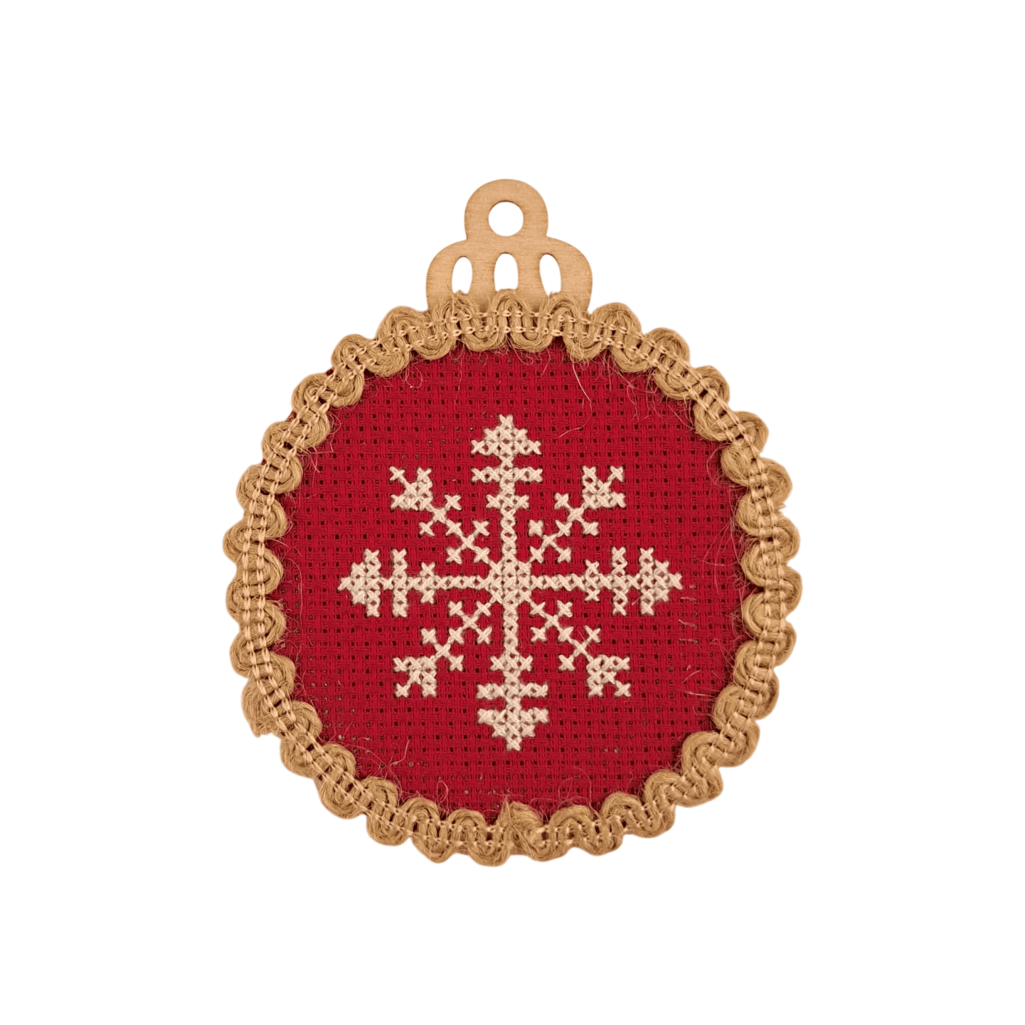Decorațiune Crăciun - etamina cusută manual pe suport din lemn - model fulg Decorațiune Crăciun - etamina cusută manual pe suport din lemn - model fulg
