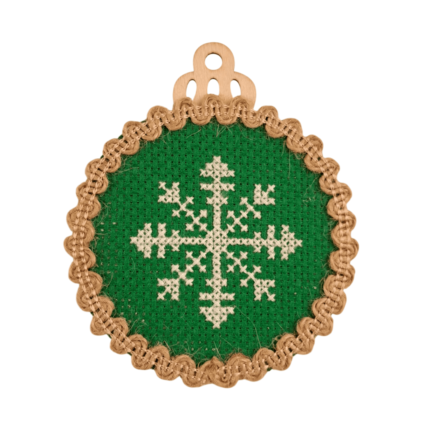 Decorațiune Crăciun - etamina cusută manual pe suport din lemn - model fulg Decorațiune Crăciun - etamina cusută manual pe suport din lemn - model fulg